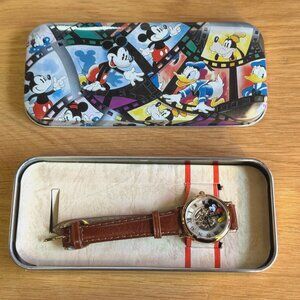 Disney Time Works Mickey Mouse Watch & Tin, Brown Band, Vintage Circa 1990s
